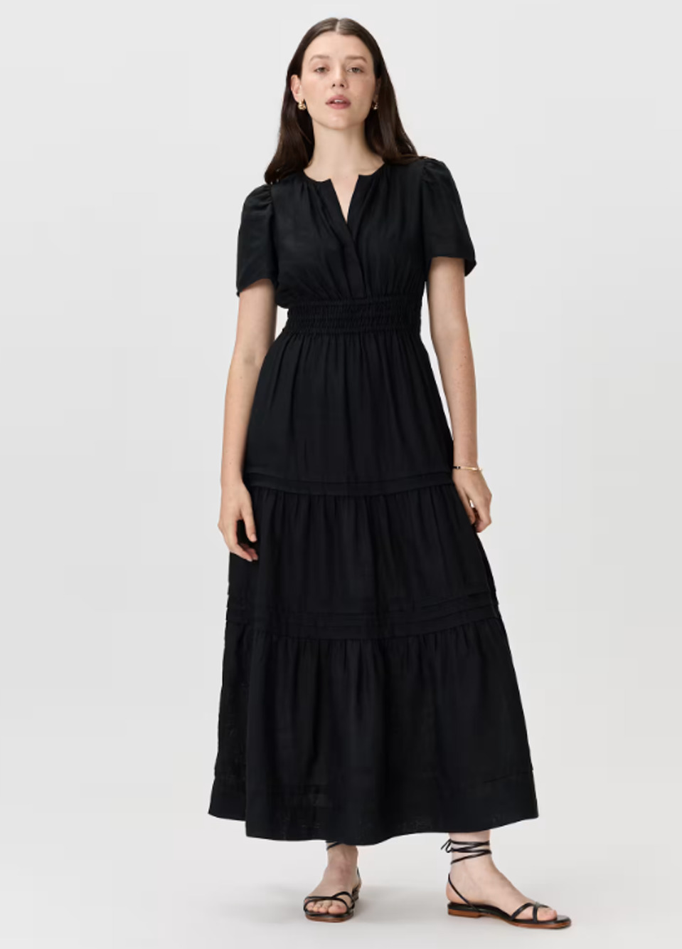 Quince Organic Cotton Poplin Black Tiered Maxi Dress Puff Slv Sz S Quiet Luxury